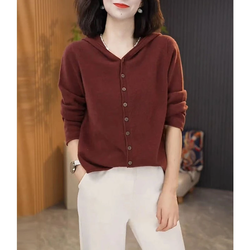 红色连帽针织开衫毛衣女背心新款大码宽松遮肉显瘦上衣外套帽衫