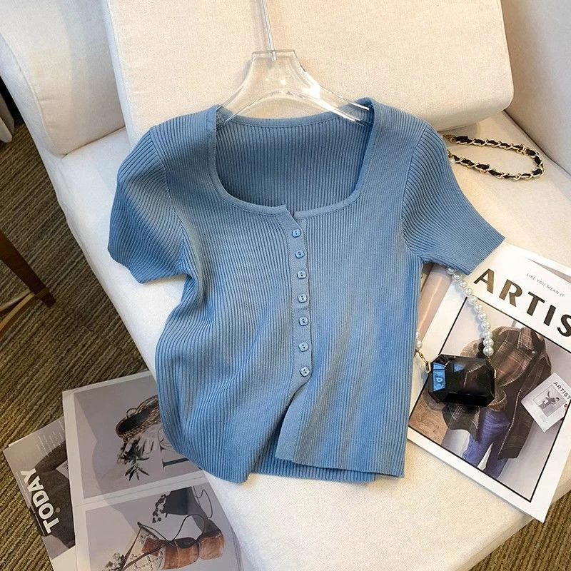 夏季冰丝短袖针织衫t恤女修身显瘦新款设计感薄短款方领开衫上衣