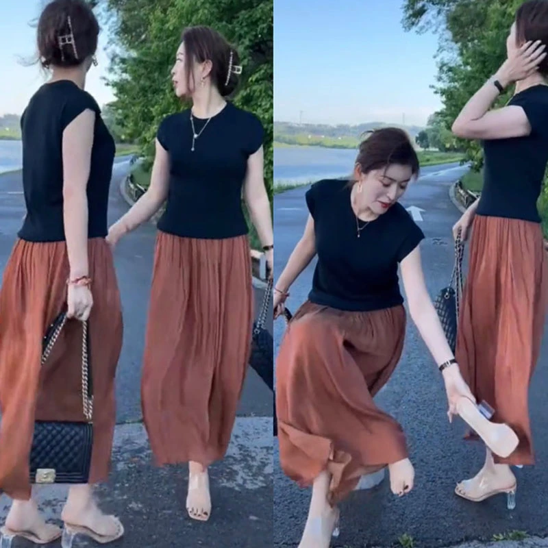 时尚套装裙女度假风冰丝短袖针织衫上衣垂感A字伞裙半身裙两件套