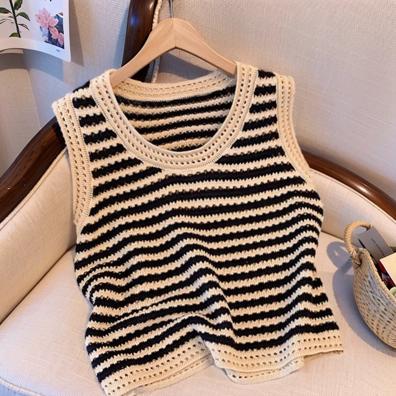 冰丝撞色镂空宽松显瘦坎肩条纹针织无袖吊带小背心女背心女内搭