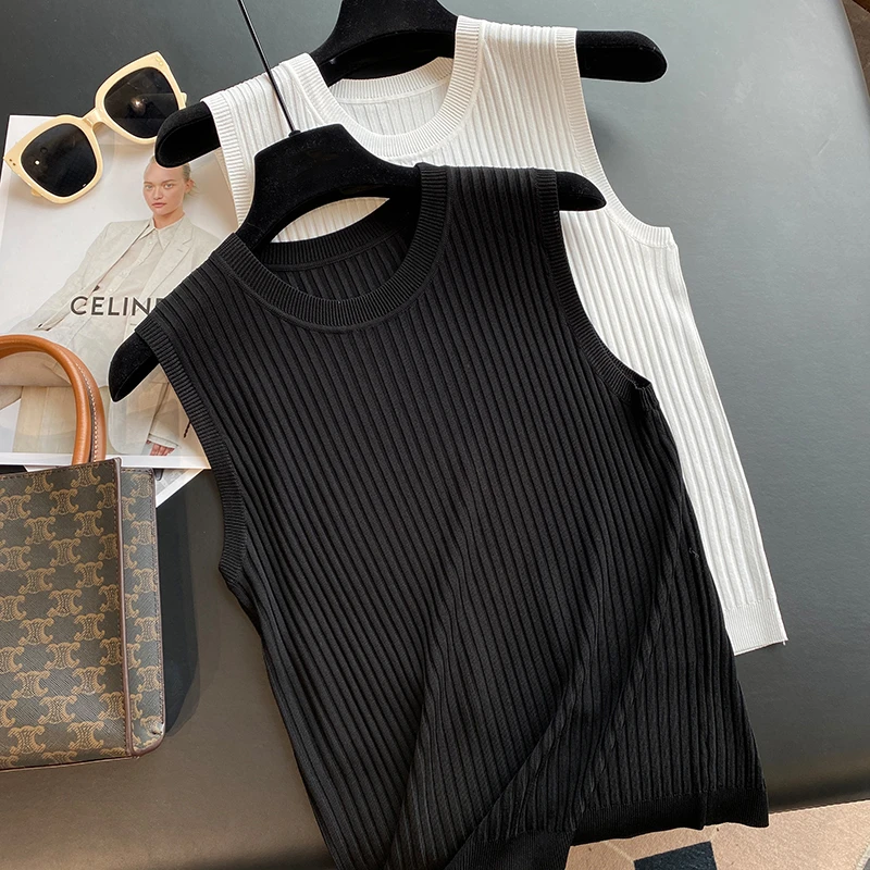 黑色圆领冰丝针织衫背心女夏季新款显瘦薄款内搭无袖吊带打底上衣