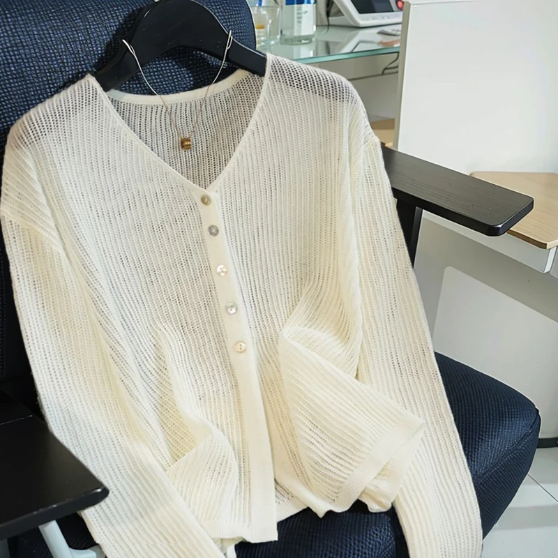天丝亚麻薄款长袖V领针织开衫女夏季新款宽松外搭空调防晒衫上衣