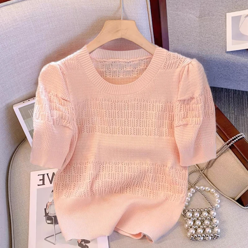 镂空圆领泡泡袖针织衫T恤女夏季新款法式小香风薄款套头短袖上衣