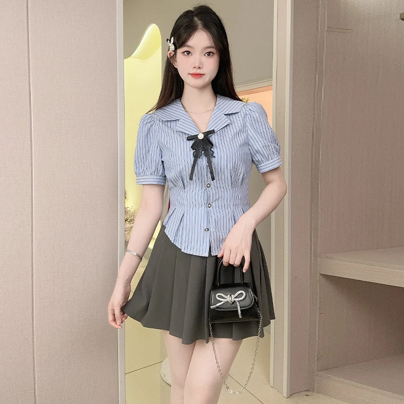 蓝色条纹学院风衬衫女夏季设计感短款小个子收腰短袖百褶裙半身裙