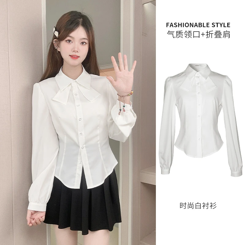 学院风白色长袖衬衫女2025早秋新款设计感小众修身小个子短款上衣
