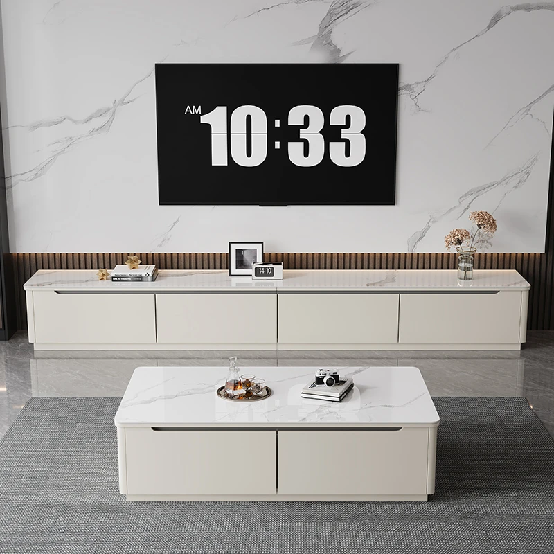 奶油风轻奢高款落地茶几电视柜组合简约现代小户型客厅实木地柜