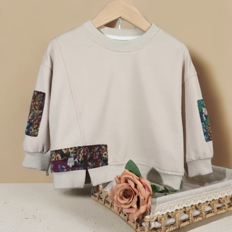 24秋韩版国风印花拼接毛圈棉卫衣圆领套头国潮男童撞色休闲上衣