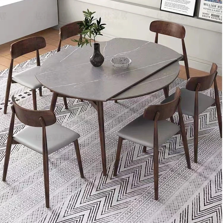 将末北欧现代简约方圆两用实木岩板餐桌家用可伸缩折叠餐桌椅组合