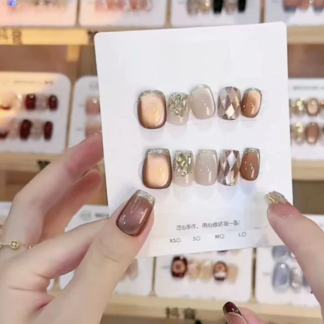 秋日格纹-纯手工穿戴甲10片装 赠送果冻胶工具包