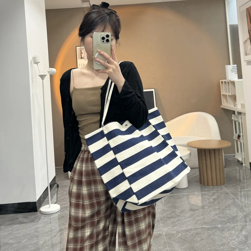 【大容量！】条纹高级慵懒风帆布包