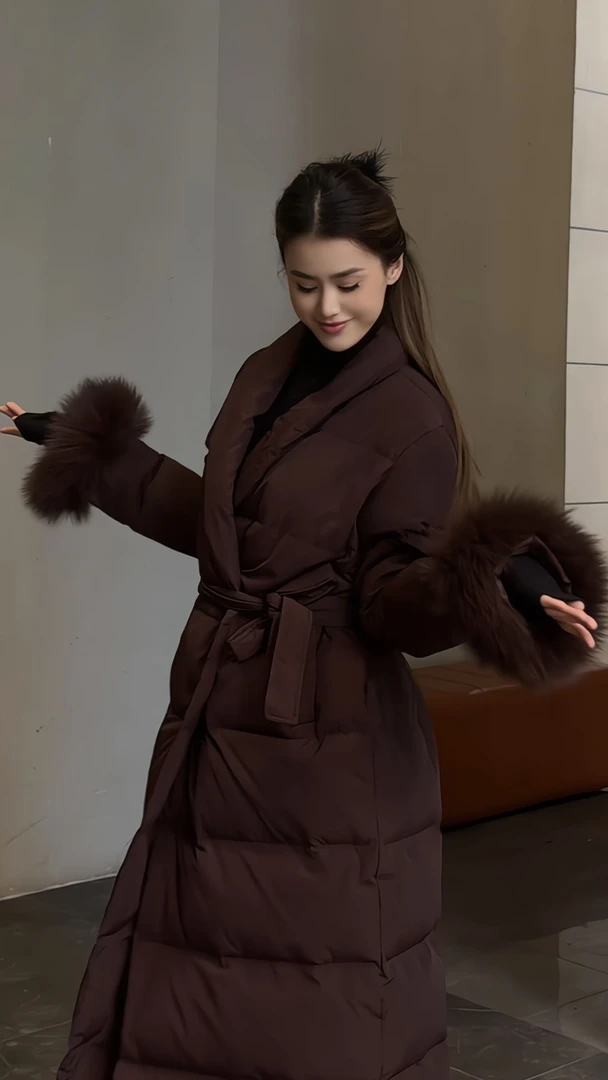 Lala-冬季中长款洋气带毛袖外套保暖厚实冬款外套短款显瘦