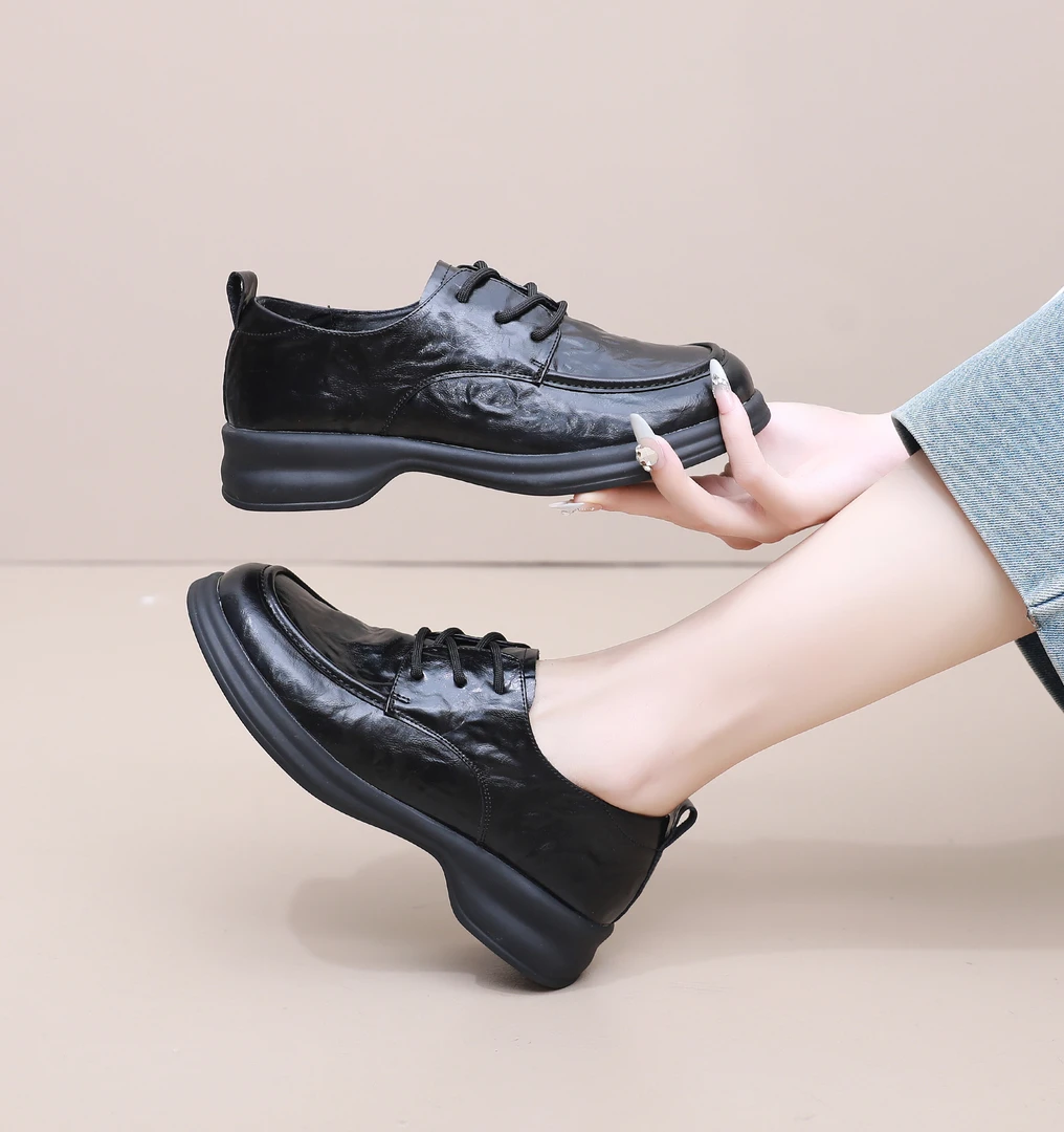 【清仓】真皮系带小皮鞋百搭英伦风圆头厚底乐福鞋女新款软底单鞋