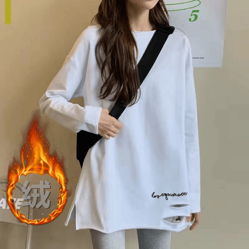 加绒/不加绒100%纯棉破洞中长款T恤女开叉百搭印花宽松长袖打底衫