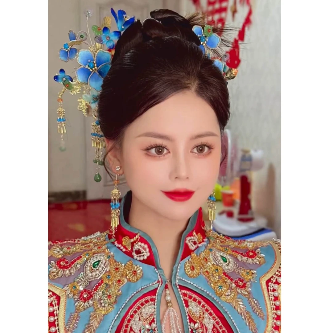 GZ344新娘秀禾服头饰蓝色古风新中式晨跑龙凤褂大气头饰