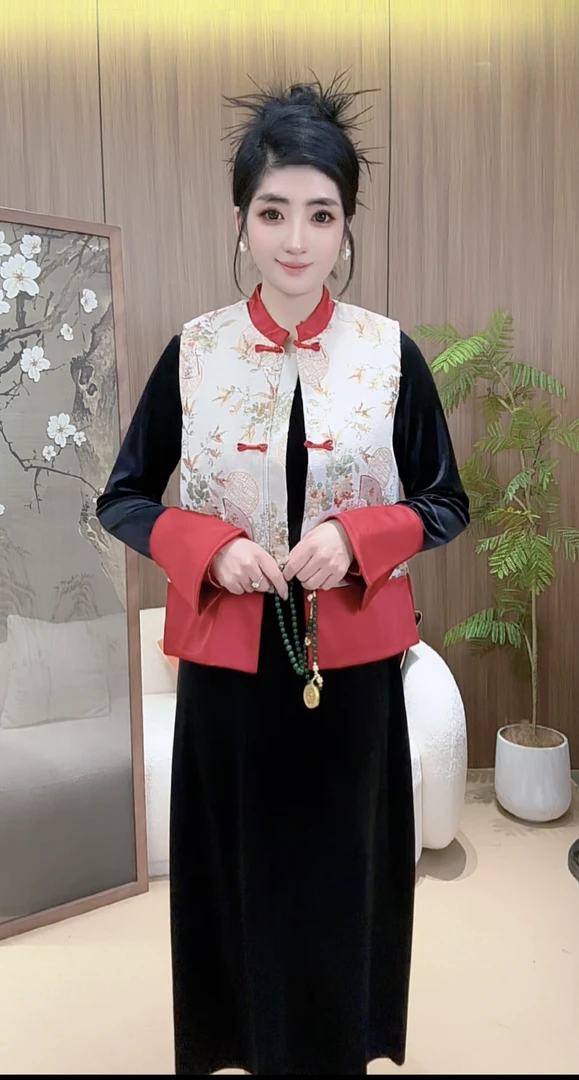 时尚套装2024新中式复古1237重工背心立领提花中国风唐装ins气质