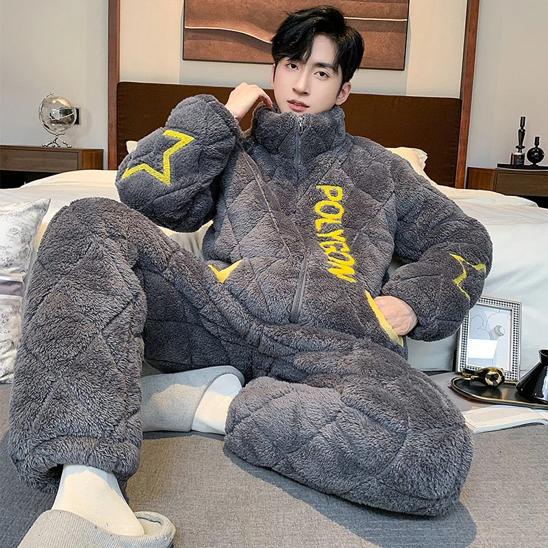 男士睡衣秋冬季珊瑚绒三层夹棉加厚冬天爆款2023法兰绒家居服套装