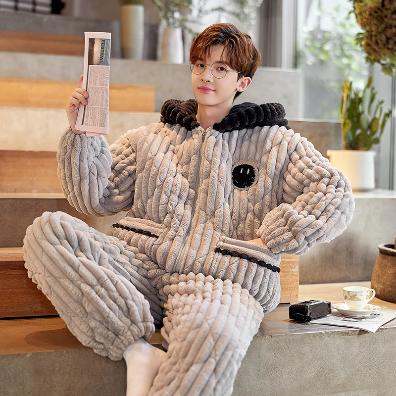 珊瑚绒睡衣男冬季三层夹棉加厚套装青少年2023新款男士家居服冬款