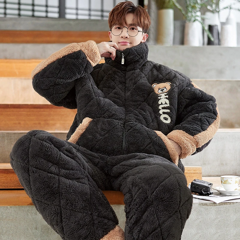 睡衣套装男秋冬季珊瑚绒夹棉加厚加绒冬款保暖青少年法兰绒家居服