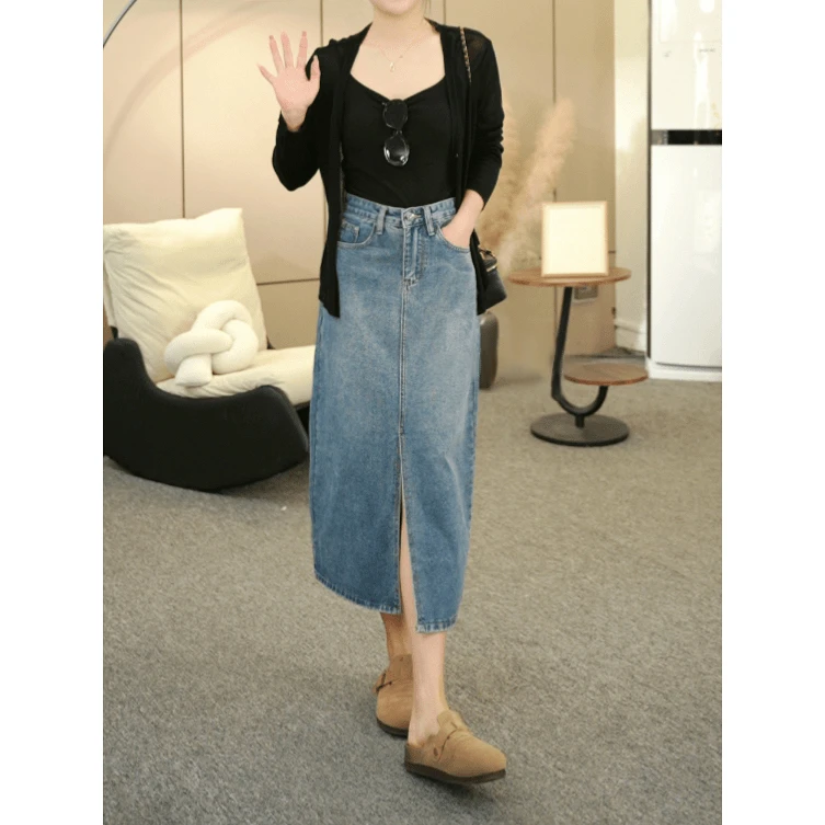 开叉牛仔半身裙女2024早秋新款小个子包臀裙高腰显瘦中长款A字裙