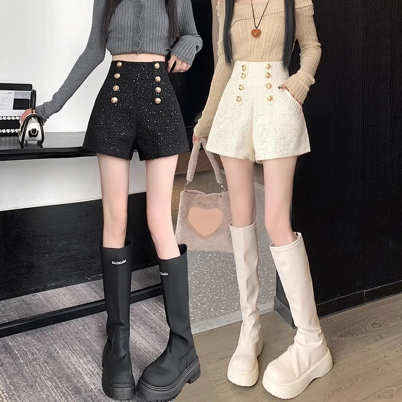 小香风短裤女秋冬2024新款外穿气质亮片高腰阔腿a字休闲靴裤9775#
