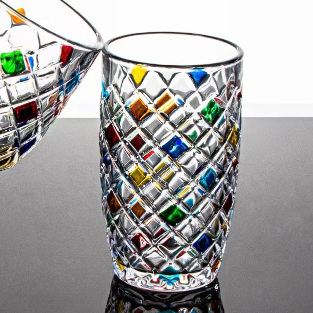 杯子2只时尚手绘彩色菱格纹菠萝纹水晶玻璃杯组合