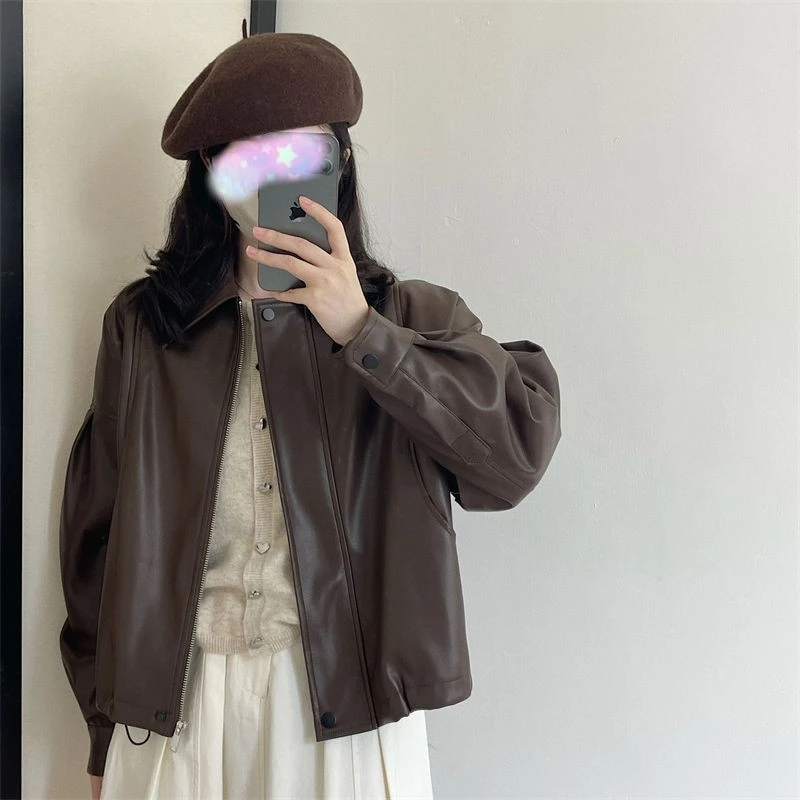 2023年春秋季新款日系复古翻领单排扣皮衣女PU皮皮夹克长袖外套潮