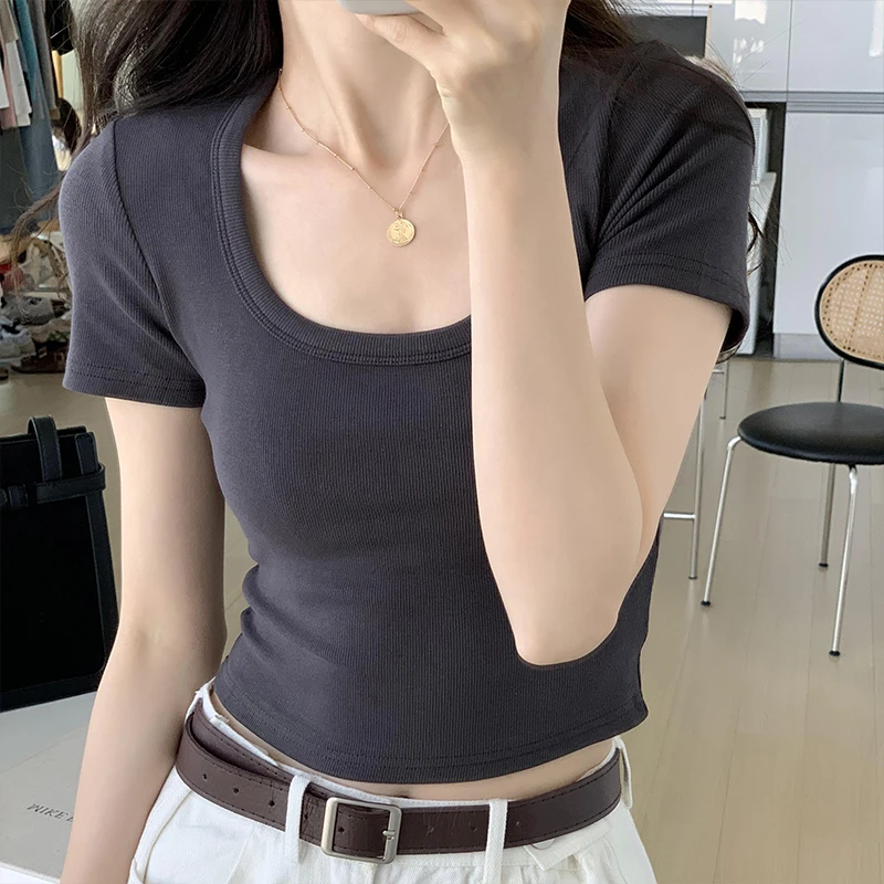 纯欲辣妹性感U领锁骨短款露脐别致正肩上衣紧身弹力短袖低领t恤女
