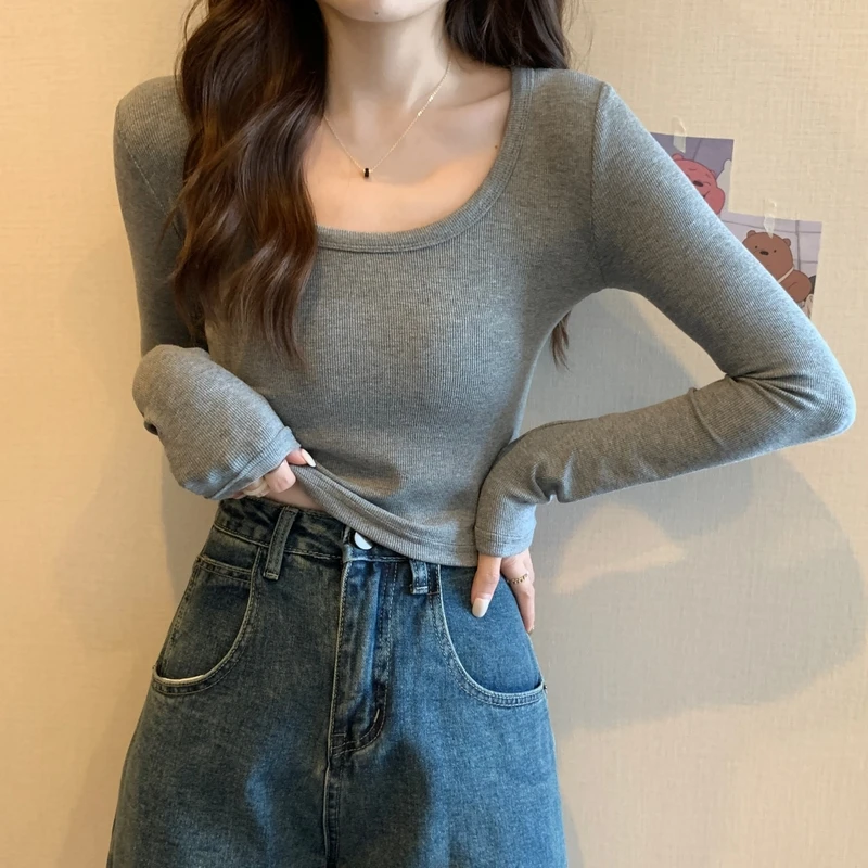 韩版长袖t恤女2024秋冬u领螺纹棉正肩紧身短款百搭磨毛打底上衣女