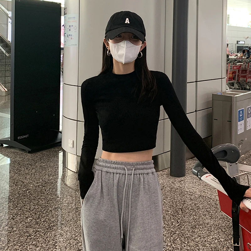 2025春秋冬季磨毛加厚t恤打底衫短款正肩修身长袖百搭紧身上衣女