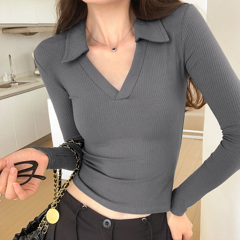 纯色修身设计感小众长袖T恤女秋季2024新款百搭打底衫v领紧身上衣