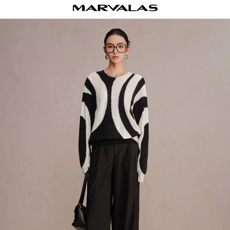 【专柜同款】曼德诗全绵羊毛针织衫秋冬黑白撞色套头衫M733307221
