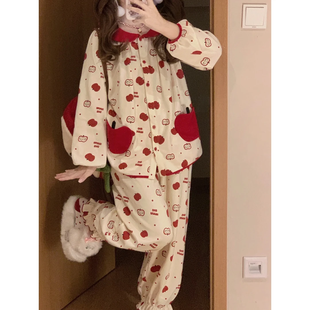 少女甜美可爱娃娃领公主风睡衣女春秋新款宽松大码长袖长裤家居服