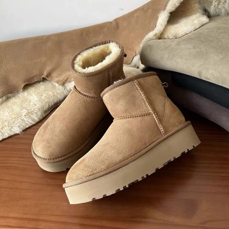 【5854短筒厚底】4~5cm河南桑坡羊皮毛一体雪地靴女冬时尚百搭增高
