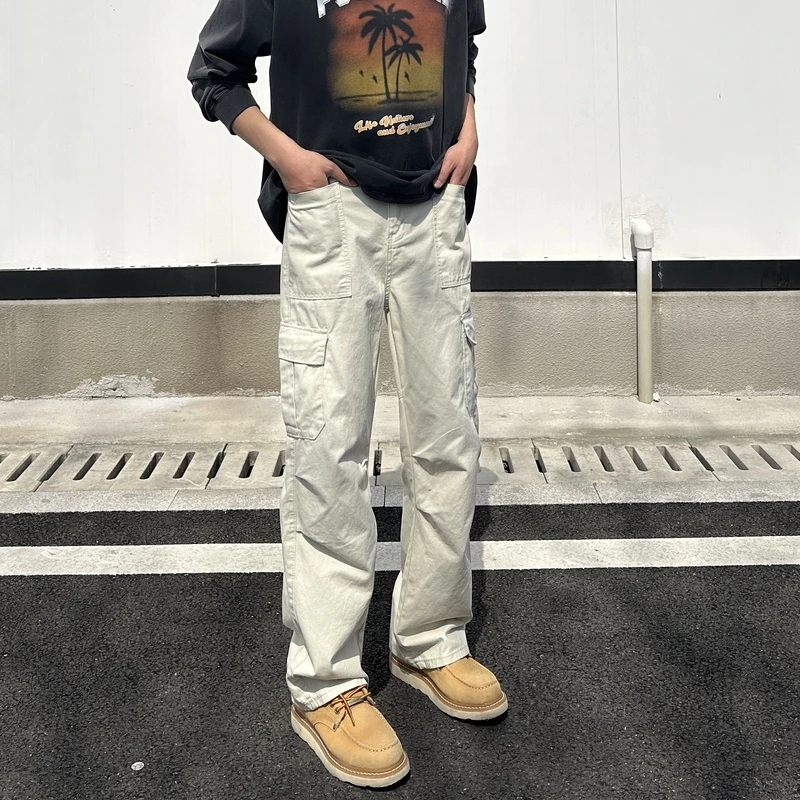 春夏美式复古米白工装裤男款宽松直筒休闲裤潮流高街ins阔腿长裤