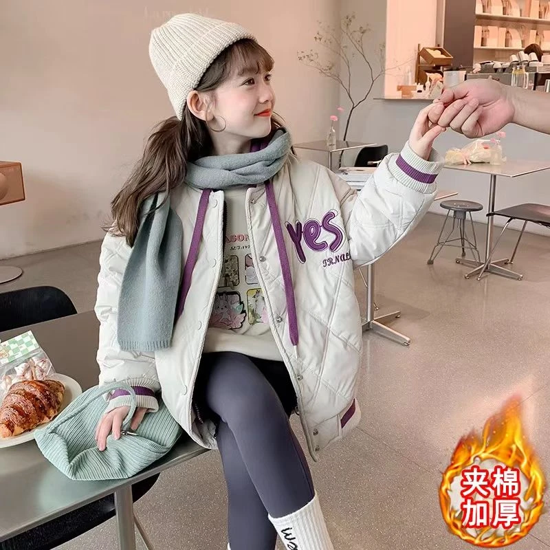 女童外套秋冬2024冬季新款儿童连帽夹棉加厚假两件休闲上衣棉衣潮