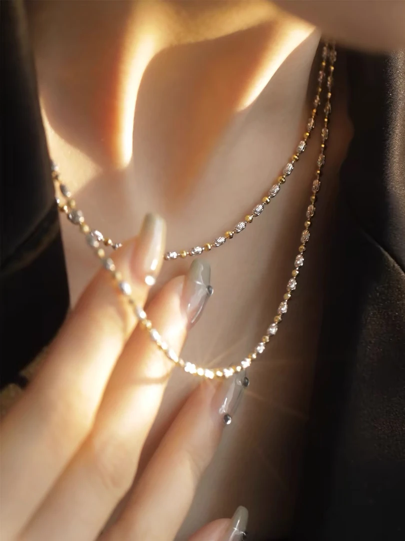 链子925银 银索小众意大利进口工艺车花米珠豆豆链锁骨链拼色雕花