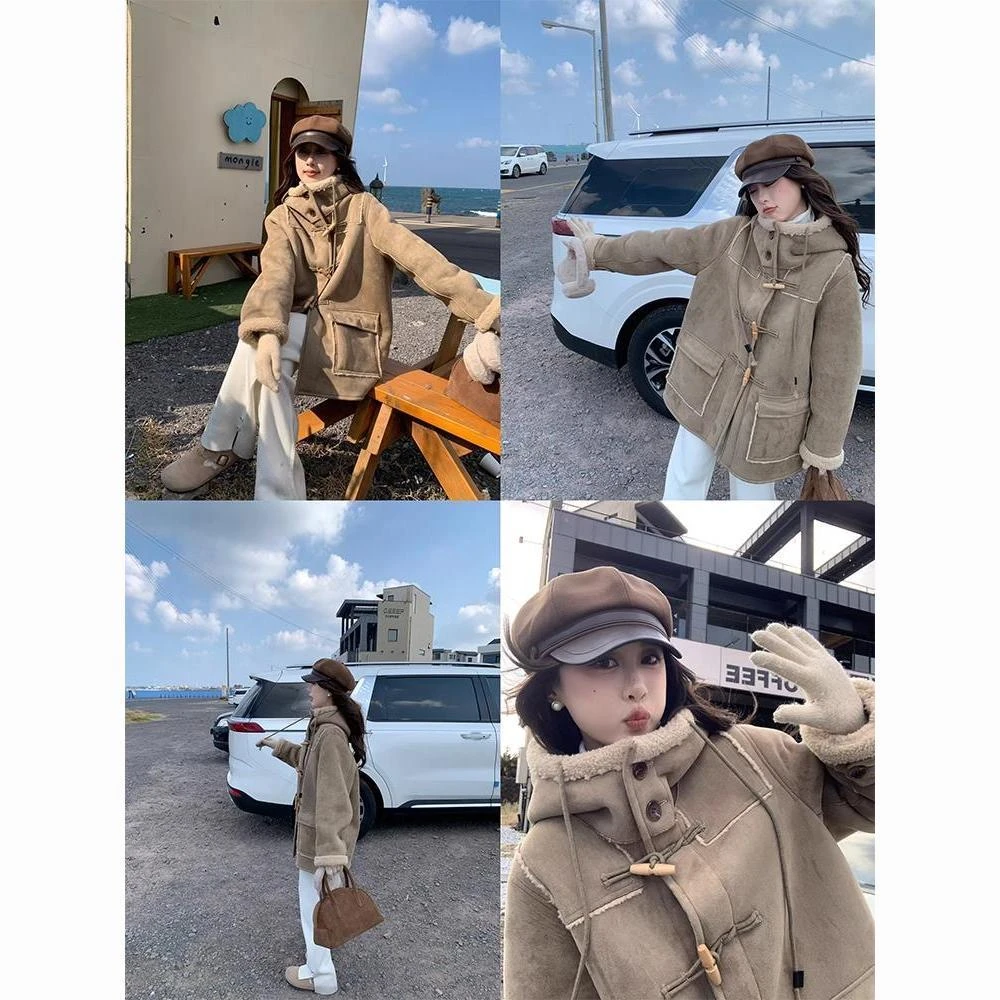 马西西微胖大码牛角扣皮毛一体羊羔毛外套女冬季加厚保暖连帽上衣