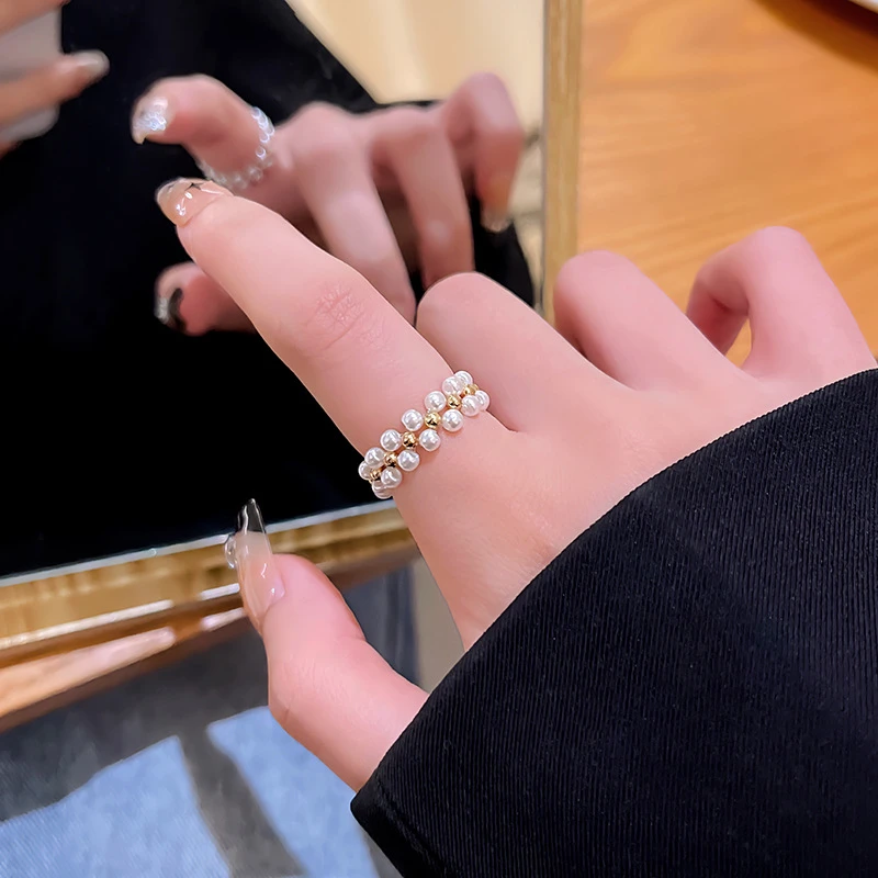 铜可调节弹力绳珠珠戒指女ins风小众时尚个性指环精致