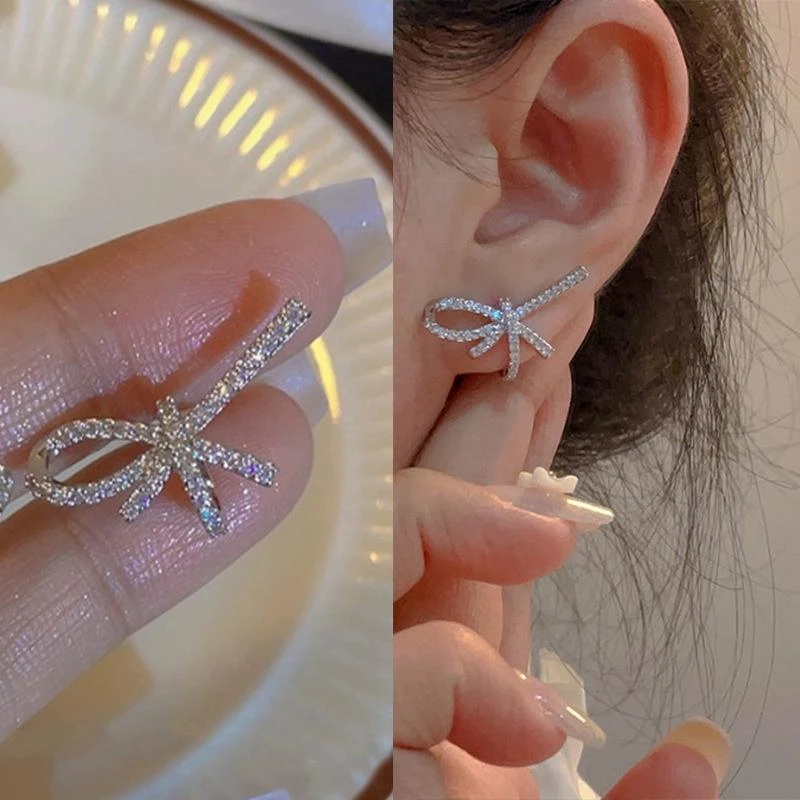 轻奢满钻蝴蝶结精致高级感耳钉小众气质百搭耳环时尚气