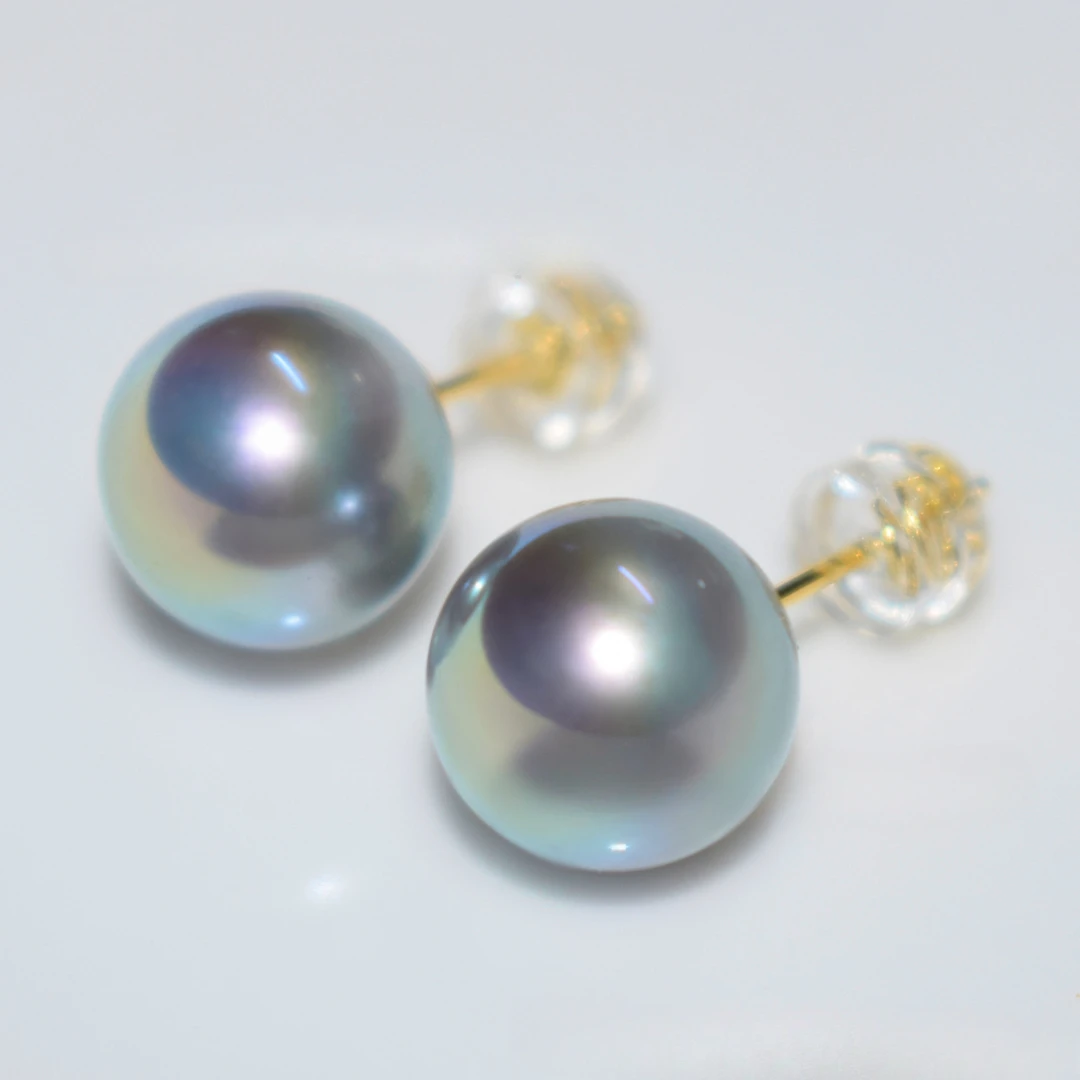 天然海水贝珠耳钉多麻灰韵彩正圆强光耳饰高级感耳环