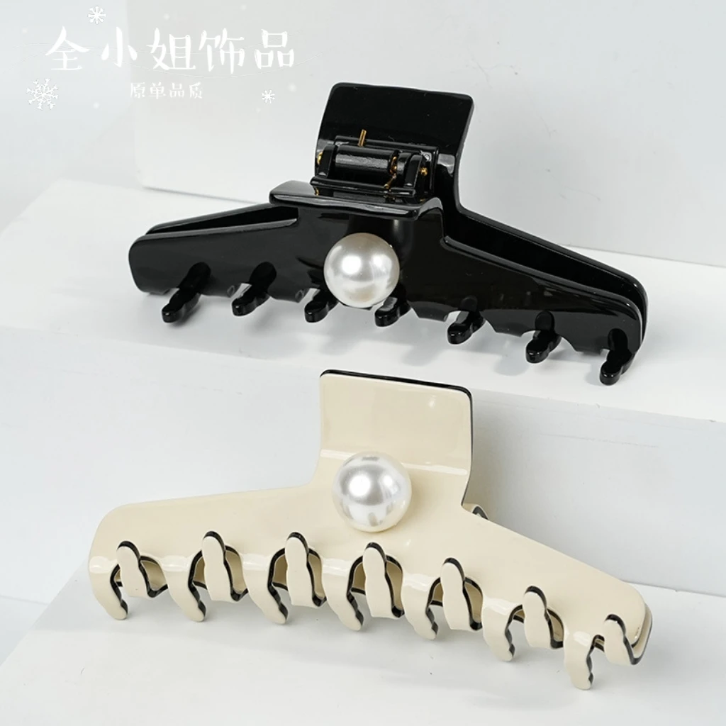 韩国气质法式珍珠抓夹高雅小香风大号后脑勺发夹高马尾头饰鲨鱼夹