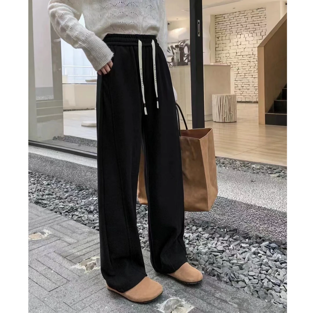 春秋时尚休闲直筒裤显瘦百搭宽松系带气质简约韩版纯色中高腰