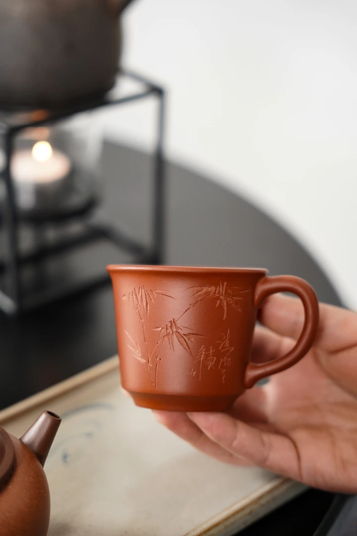 紫砂主人茶杯100CC家用纯手工手大口把杯复古茶道刻竹子紫泥女士