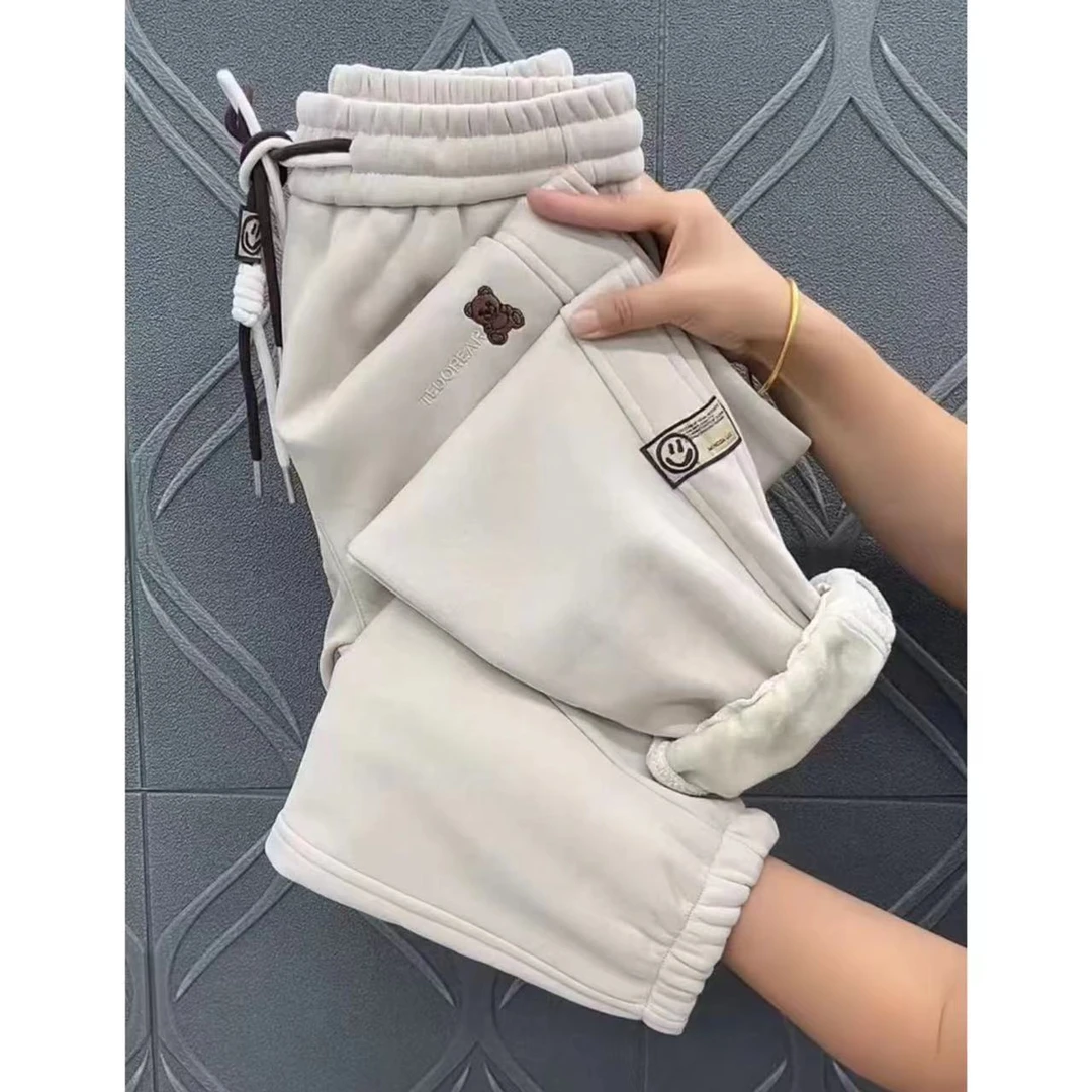 秋冬季新款加绒休闲裤宽松刺绣束脚运动裤百搭显瘦九分加厚哈伦裤