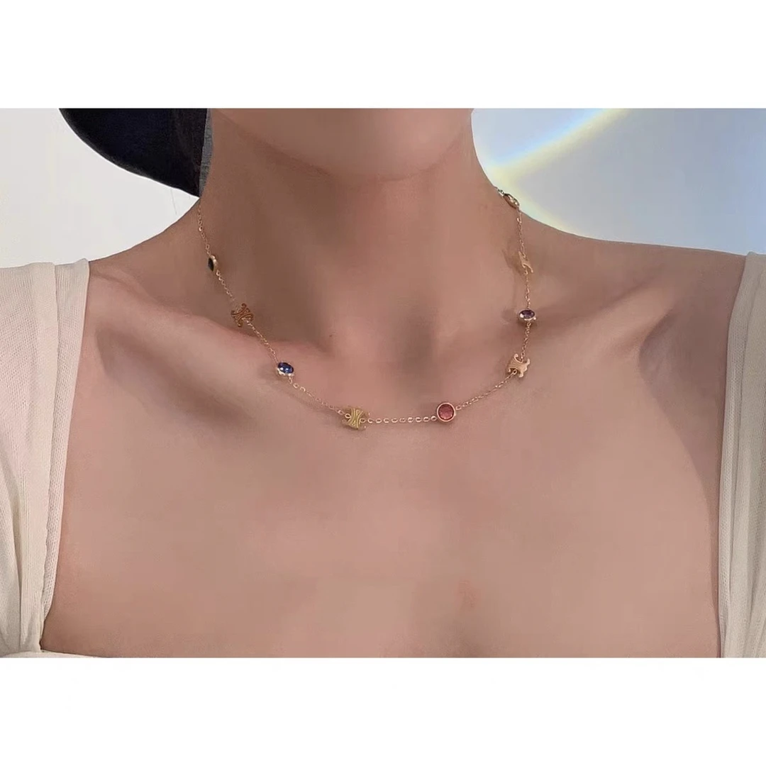 钛钢仿水晶项链 【T970】钛钢金色卡卡小众锆锆项链甜美颈链锁骨链