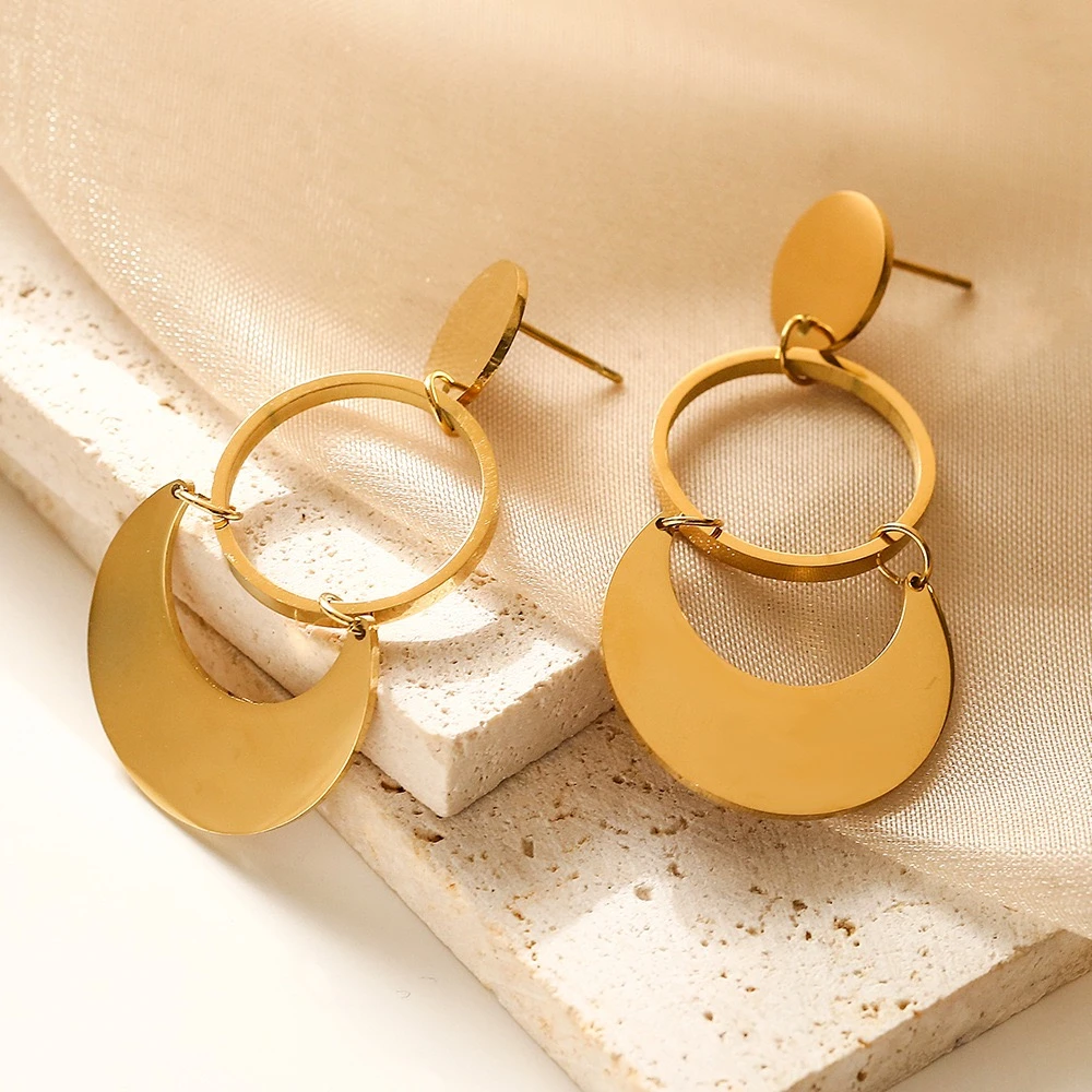 钛钢耳饰 【B115】欧美风圈圈月亮几何耳环饰品时尚轻奢金色耳圈