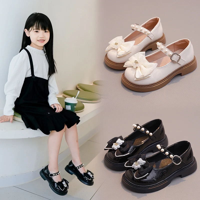 女童时尚公主鞋2024春秋新款演出黑色珍珠单鞋小学生儿童软底皮鞋