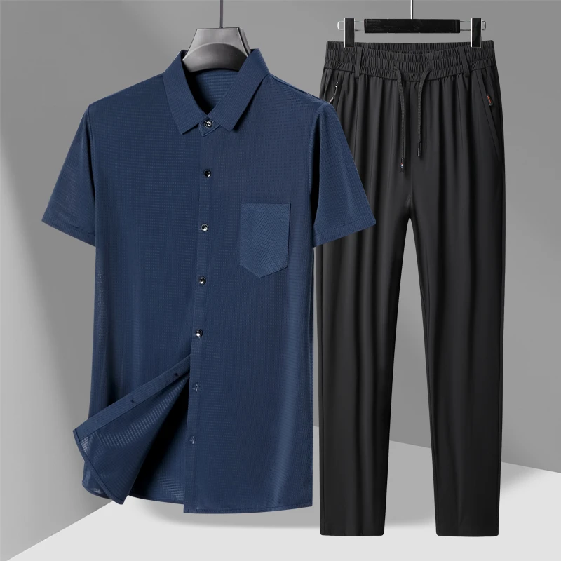 中老年男士休闲夏季薄款衬衫套装宽松速干夏装弹力翻领爸爸装套装