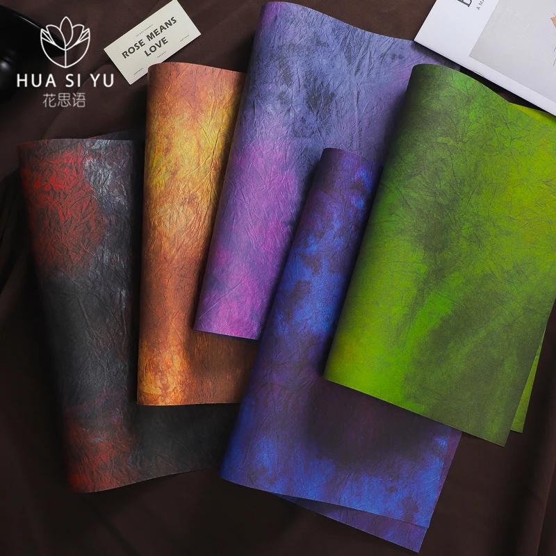 平面水墨牛皮纸黄恋绿鲜花花束石纹包花包装纸材料手工花艺diy