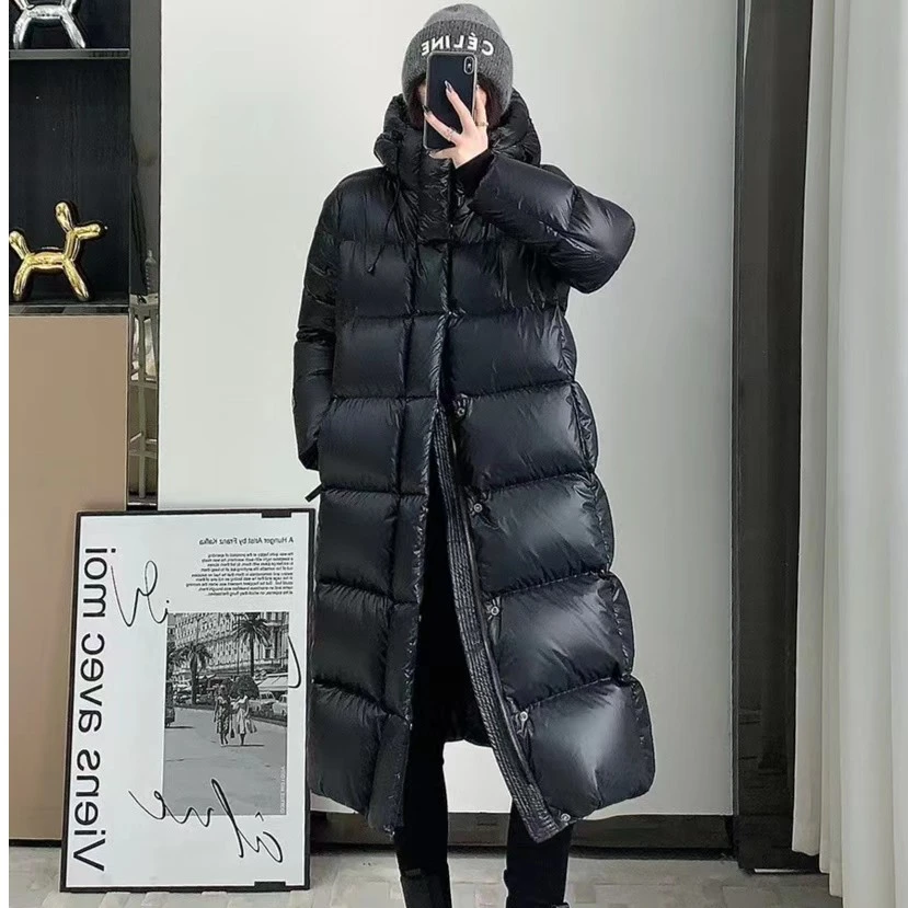【GYM】黑色金标男女同款情侣款连帽长款过膝保暖黑色时尚羽绒服